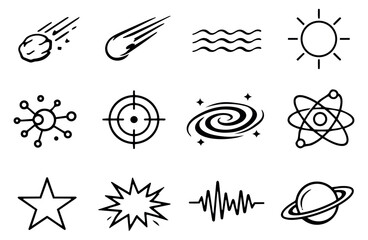 Hand drawn line art scientific and cosmic symbols set featuring comet, sun, galaxy, and atom for modern design