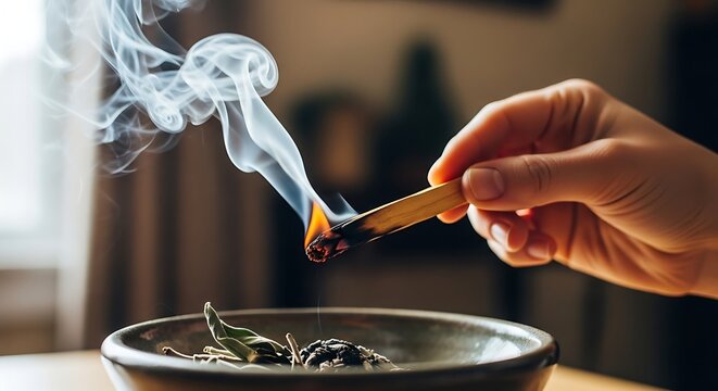 Hand holds burning palo santo wood releasing fragrant smoke over bowl.