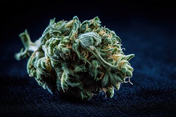 Intimate close-up of a single cannabis flower under moody studio lighting