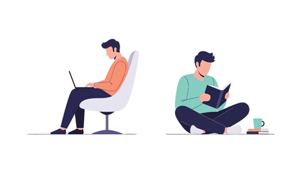 Flat vector illustration of the same man in two different activities.
