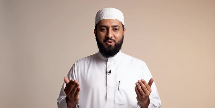 A bearded man in traditional white Islamic attire, wearing a thobe and kufi, gestures with open hands while speaking.