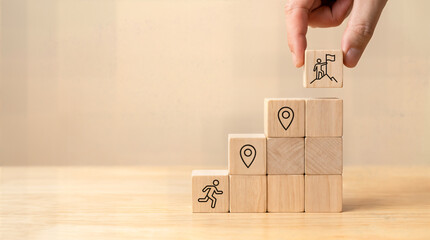 Career Path and Development Strategy Concept. Arranging wooden blocks with icons success roadmap and journey, symbolizing a structured career path and strategic development. Planning, growth, progress
