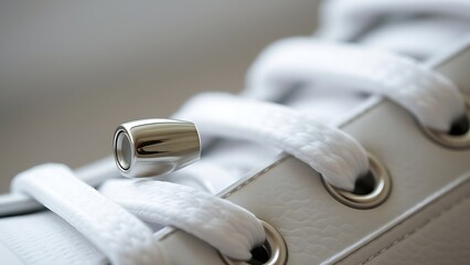 osmium. Polished metal aglet at the end of a white shoelace with metallic texture. lifestyle magazines, social media lookbooks, designed for lifestyle magazines and social media content.