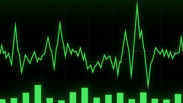 Financial data visualization with green line and bar charts on black background - Powered by Adobe