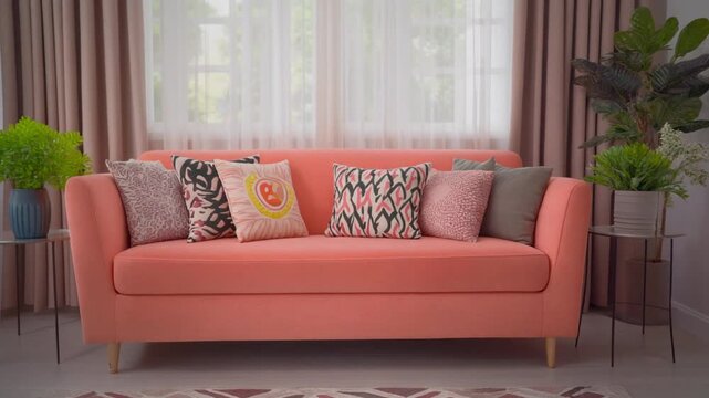 Modern living room with coral sofa, patterned throw pillows, indoor plants, and sheer curtains&mdash;cozy, stylish space blending warm tones, natural light, and elegant interior design elements.