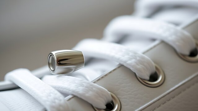 osmium. Polished metal aglet at the end of a white shoelace with metallic texture. lifestyle magazines, social media lookbooks, designed for lifestyle magazines and social media content.