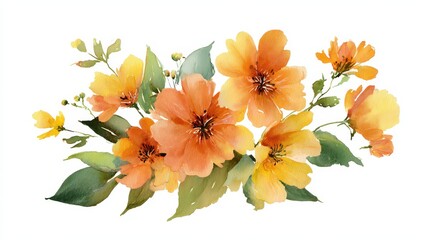 Isolated wedding bouquet artwork in soft watercolor style with bright orange and yellow blossoms