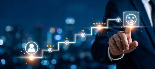 Experiential marketing strategy, customer engagement. Hand guides customer journey path, illustrating attraction, engagement, purchase, interaction and satisfaction across seamless digital touchpoints