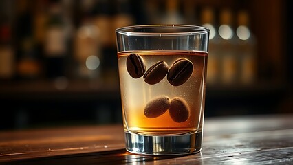 sambuca. Three coffee beans floating in sambuca on a rustic wooden bar. bar promotions, beverage menus, designed for product packaging and bar promotions, used by e-commerce operators.