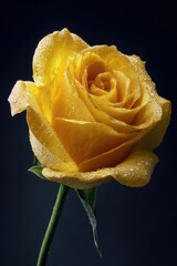 Isolated yellow rose on a deep black backdrop, high-contrast macro study