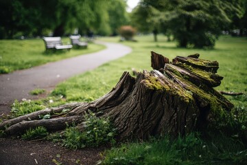 Jagged remnant of a fallen tree in a quiet park setting
