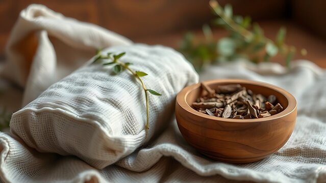 poultice. Herbal poultice wrapped in linen cloth beside a wooden bowl of dried herbs, natural remedy concept. menu design.