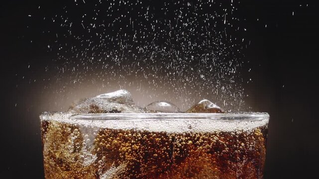 Close-up shot of cola glass top with ice with visible foam, fizz and rising carbonate bubble on black background. 