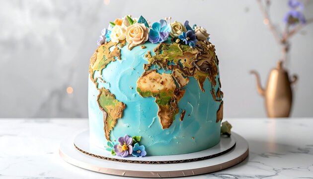 World map cake with flowers