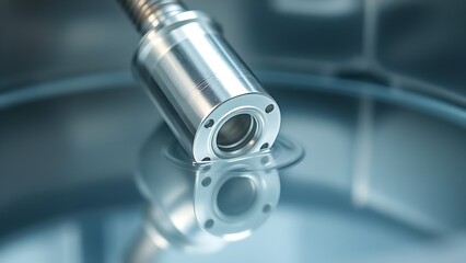 electroplating. Polished metal component partially submerged in electroplating solution, silver reflection. safety posters.