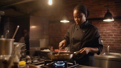 Professional chef in black coat cooking at stovetop in rustic kitchen—exposed brick walls, industrial lighting, and culinary tools create a focused, authentic atmosphere of skill and dedication. - Powered by Adobe