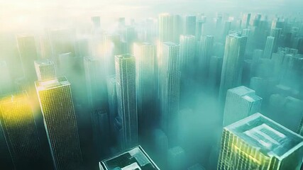 Futuristic cityscape with towering skyscrapers piercing through a thick blanket of fog or mist, reflecting the soft light from the sky and creating an ethereal, mysterious atmosphere - Powered by Adobe