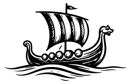 Hand drawn illustration of a Viking ship depicting a longboat sailing on waves for historical designs