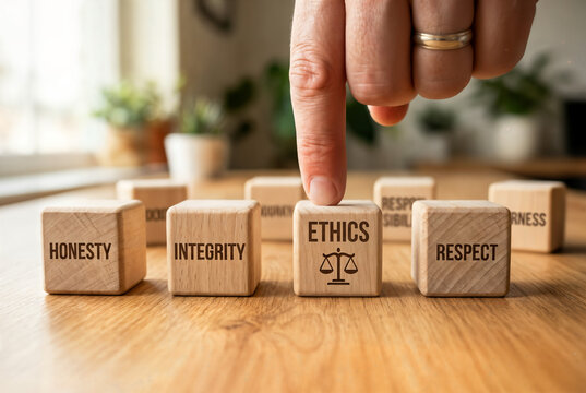 Code of conduct in business concept. Wooden blocks with code of conduct icons; code, integrity, honesty, respect, and ethics,  the foundation of a strong corporate code of conduct. Corporate ethics.
