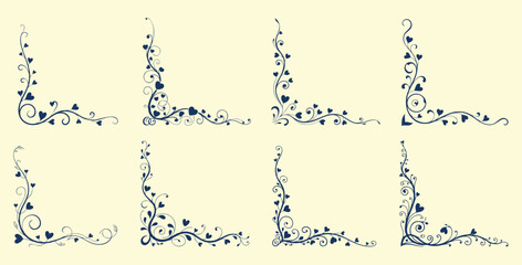 Fototapeta premium Decorative Floral Corner with Heart Elements, Elegant Line Art Frame