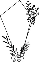 Floral geometric frame with hand drawn botanical elements and flowers for wedding invitation or greeting card design.