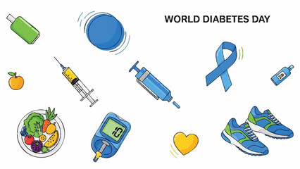 World Diabetes Day Awareness Symbols and Medical Equipment Illustration.