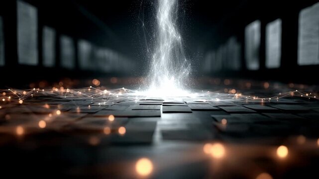 A pillar of pure energy erupts from an archive of ancient knowledge. The birth of a breakthrough idea. A moment of revelation. Ideal for concepts of innovation, big data, and profound discovery.