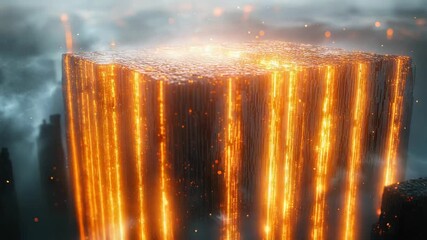 Abstract technology cube processing digital information with luminous golden particles flowing downwards, representing data streams and connectivity in a futuristic system - Powered by Adobe