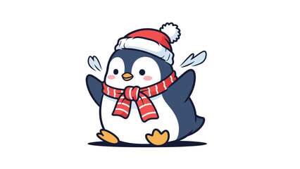 Fototapeta premium Cute penguin wearing a Christmas hat and scarf waves joyfully, a charming seasonal character perfect for holiday greetings, winter decorations, children's illustrations, and