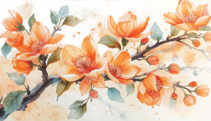 A beautiful painting of orange flowers on a branch with green leaves against a black background