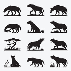 Obraz premium Vector collection of wild and farm animal silhouettes featuring a black lion, elephant, horse, and wolf set for nature and wildlife icons