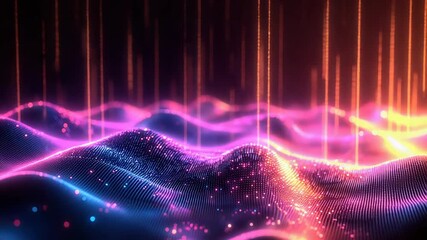 Abstract digital landscape showing an undulating surface of glowing particles. Representing a quantum computer network. Big data flow. Or blockchain technology with interconnected information streams - Powered by Adobe