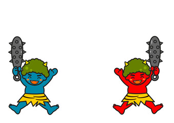 コピースペース　金棒を持った可愛い青おにと赤おに