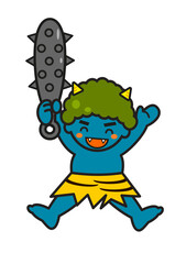  金棒を持った可愛い青おにのイラスト