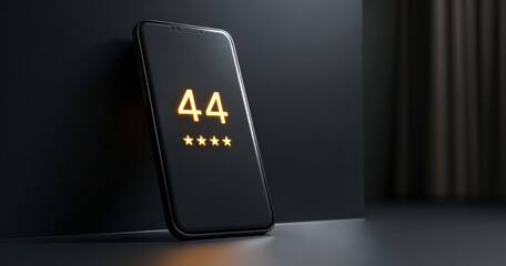 Smartphone displaying glowing number 44 with four star rating on dark reflective surface in minimalistic setting