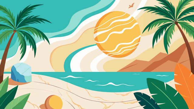 Tropical beach sunset with palm trees and waves Vector