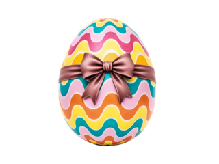 Easter egg decorated with colorful zigzag pattern and brown bow isolated on transparent background
