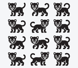 Fototapeta premium Set of funny cartoon cat silhouettes and cute kitten head illustrations featuring a vector art collection of baby animal characters and pet icons in a creative pattern design