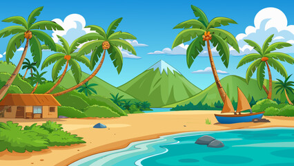 Tropical beach paradise with palm trees and sailboat Vector