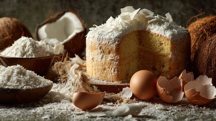 Fototapeta premium Coconut chiffon cake photographed alongside raw ingredients, eggshells and coconut fibers scattered