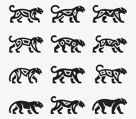 Fototapeta premium A collection of black vector silhouettes featuring a set of wild and farm animals including a running horse, lion, tiger, elephant, bear, wolf, and deer illustration