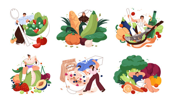 Tiny people with big healthy food set. Concept of proper nutrition. Characters are eating fresh fruit, organic vegetables, cooking from natural products. Flat isolated vector illustrations on white.