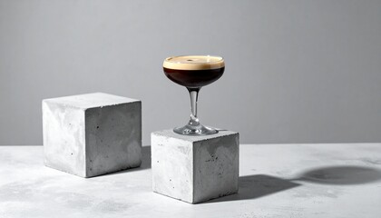 An espresso martini cocktail served in a coupe glass, placed on a concrete cube. The drink has a rich, dark color with a smooth coffee foam on top.