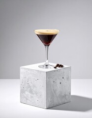 An espresso martini cocktail served in a coupe glass, placed on a concrete cube. The drink has a rich, dark color with a smooth coffee foam on top.