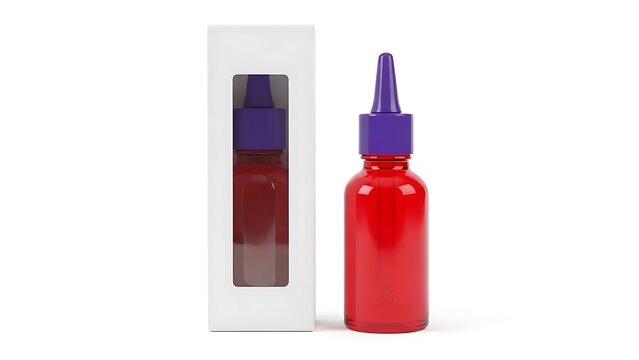 Red cosmetic bottle with purple cap and packaging on white background