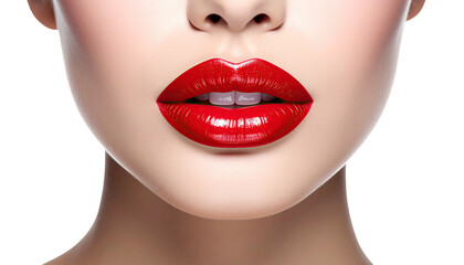Fototapeta premium Close-up of female lips, vibrant red lipstick, glossy finish against a black background