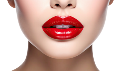 Close-up of female lips, vibrant red lipstick, glossy finish against a black background