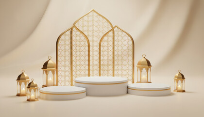 Luxury 3D Ramadan Kareem podium with golden crescent, lanterns, and elegant Islamic patterns.