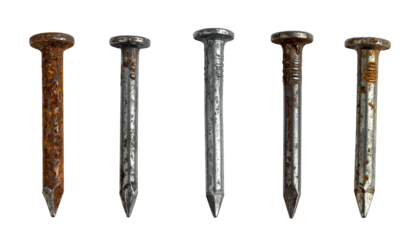 Close-up of five metal nails on black background; varying levels of rust are visible