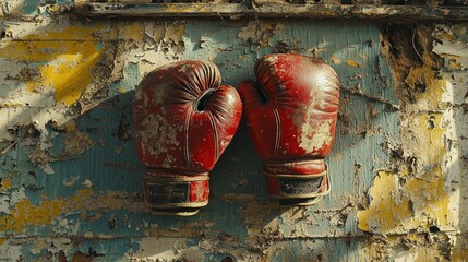 Worn boxing gloves hang on weathered wood; sunlit background;  sports, memory, resilience concept